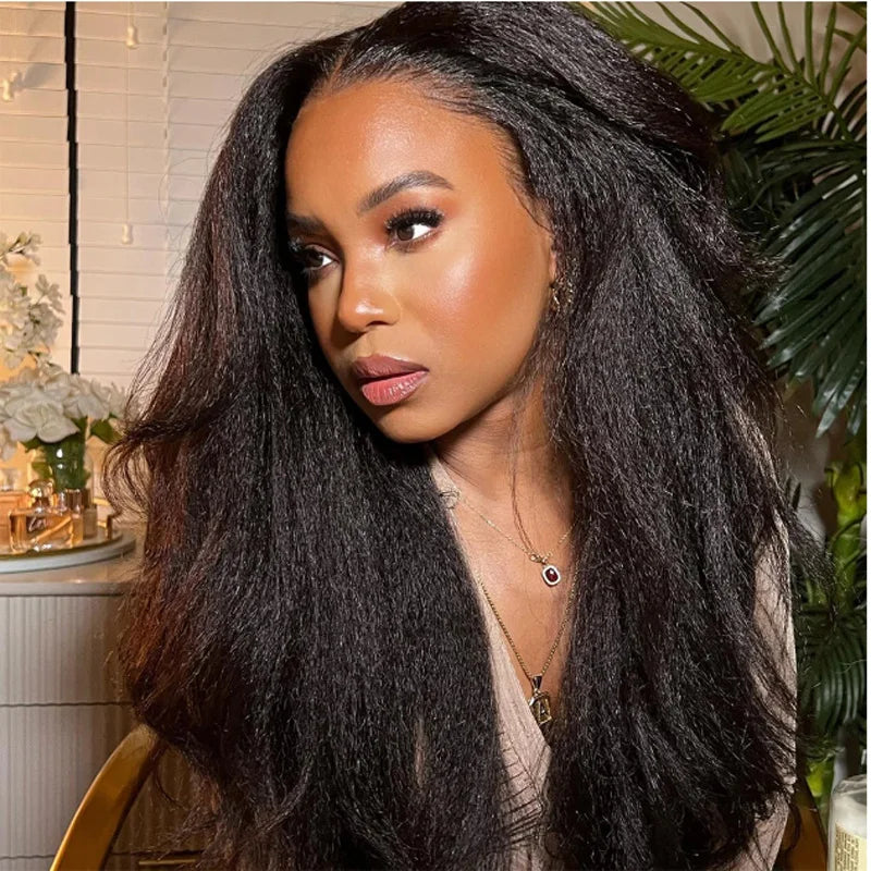 26" Yaki Kinky Straight Lace Front Wig – 180% Density Pre-Plucked Synthetic Hair