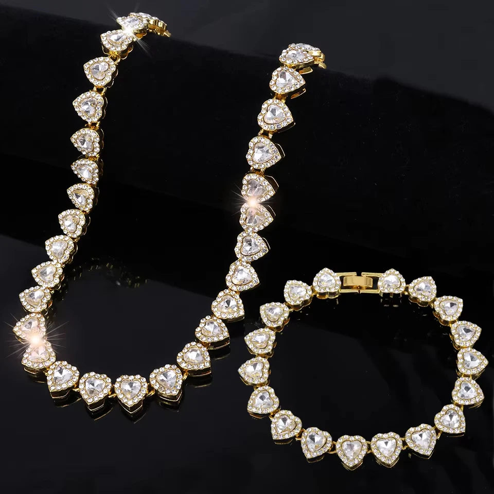Iced-Out CZ Tennis Chain & Bracelet Set – Hip Hop Heart Pendant Jewelry