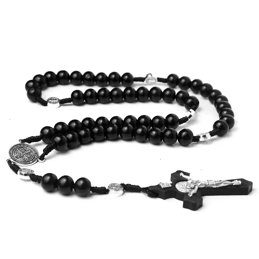 Traditional Wood Beaded Rosary Necklace with INRI Crucifix