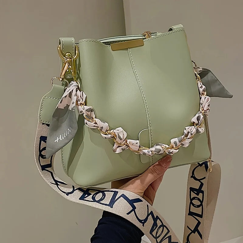 Elegant Ribbon Chain Bucket Bag – Spacious Shoulder & Crossbody Handbag