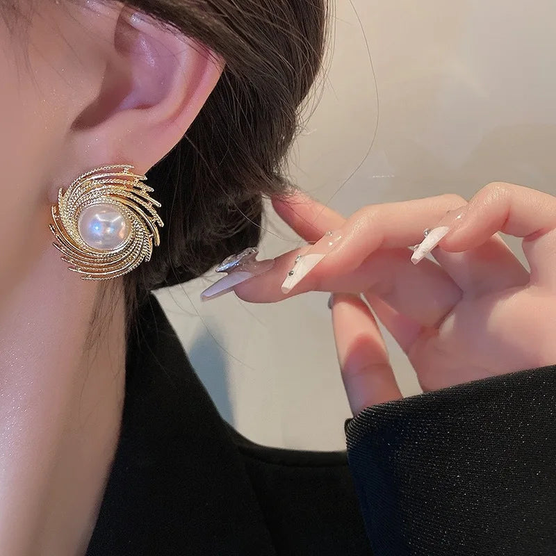 Gold Eye Shape Statement Earrings | Vintage Pearl Drop Dangle Earrings