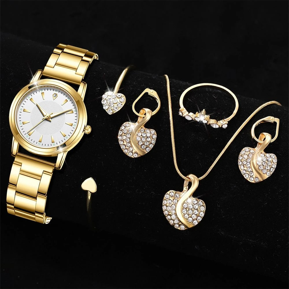 Luxury Women’s Gold Quartz Watch & Jewelry Set | Matching Necklace, Earrings & Ring