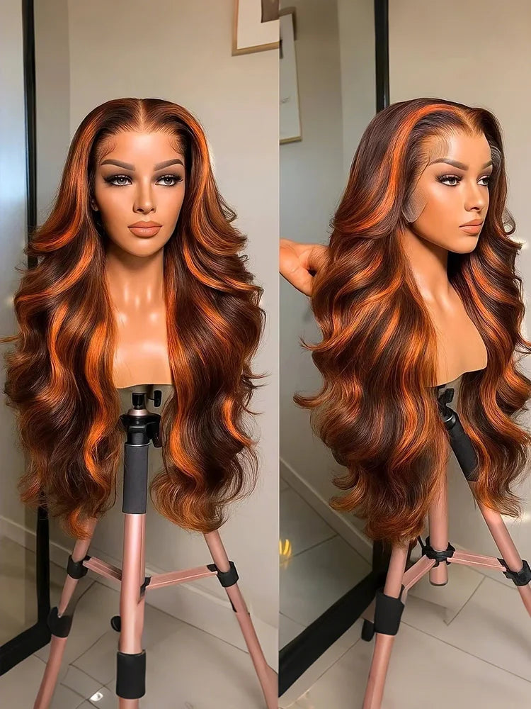 #4/350 Highlight Ombre Body Wave Lace Frontal Wig - 13x6 HD Lace Ginger Orange Brown Colored Human Hair Wig