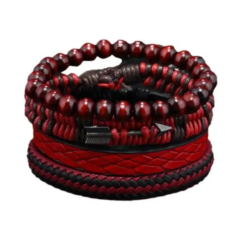 Vintage Leather & Wooden Bead Bracelet for Men – Hand-Woven Retro Cupid's Arrow Charm