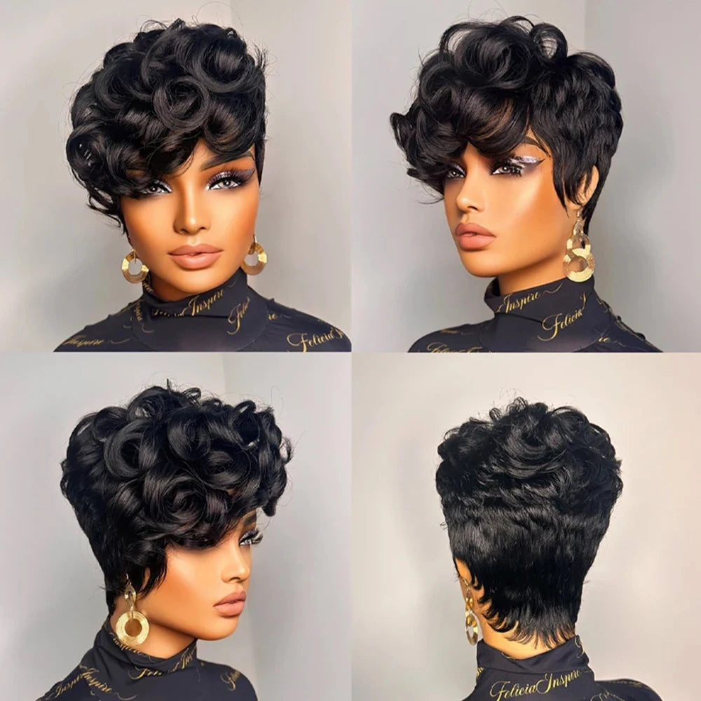 ✨ Pixie Cut Human Hair Wig – 6” Layered Short Loose Curly Wig with Bangs, Brazilian Remy hair