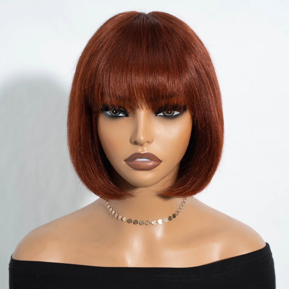 Brazilian Straight Human Hair Bob Wig with Bangs - Realistic Scalp Lace Frontal Fringe Wig