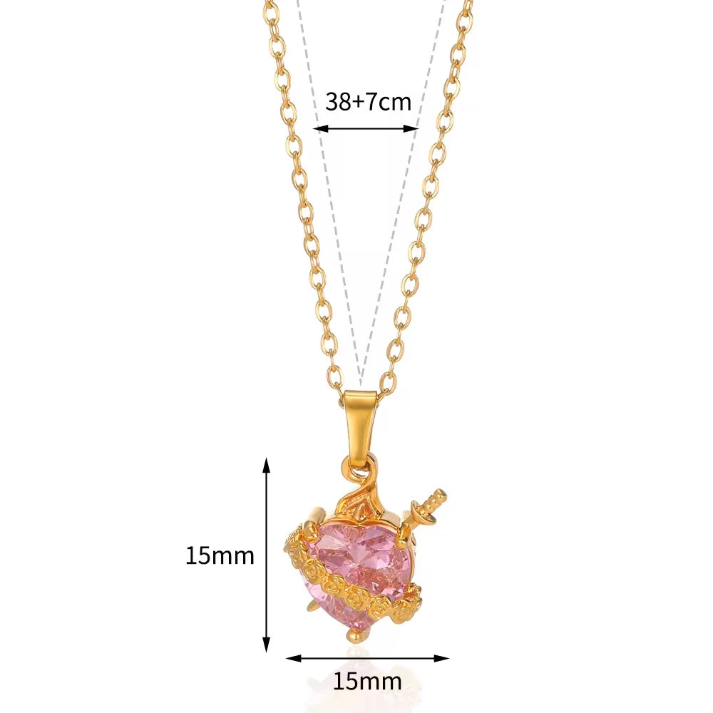 Gold Stainless Steel Cupid's Arrow Pendant – Pink Heart Zircon Necklace
