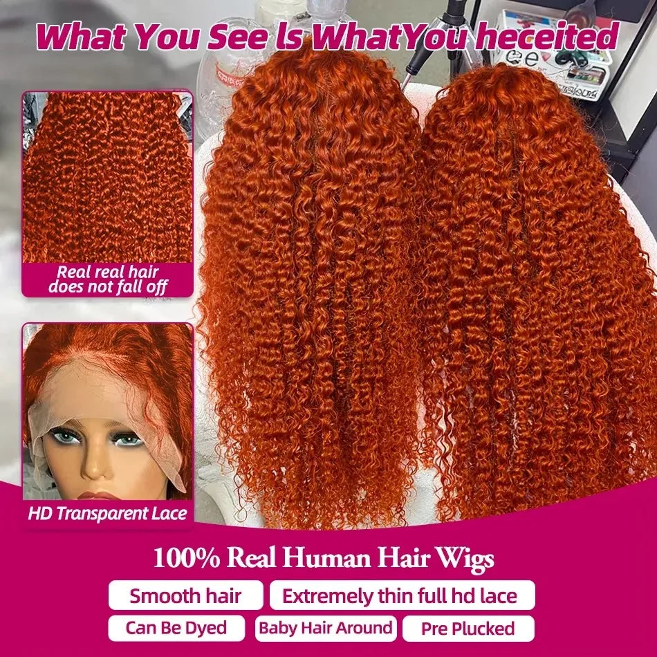 350 Copper Ginger Deep Wave Human Hair Wig: 30-34 Inch 13x6 HD Lace Frontal, 250% Density
