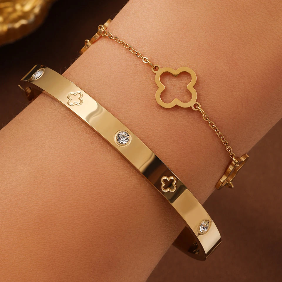 Lucky Clover & Heart Matching Bracelet Set - Stainless Steel Zircon Stack