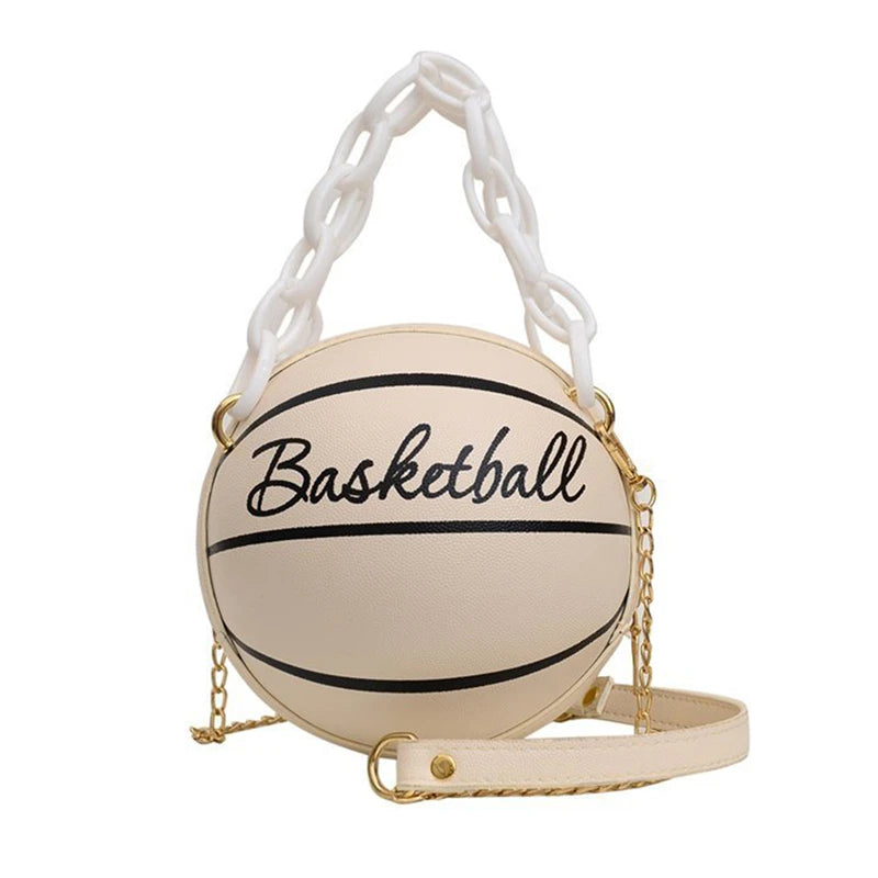 Women’s Fashion Basketball Shoulder Bag – Letter Print PU Leather Crossbody with Chain Strap