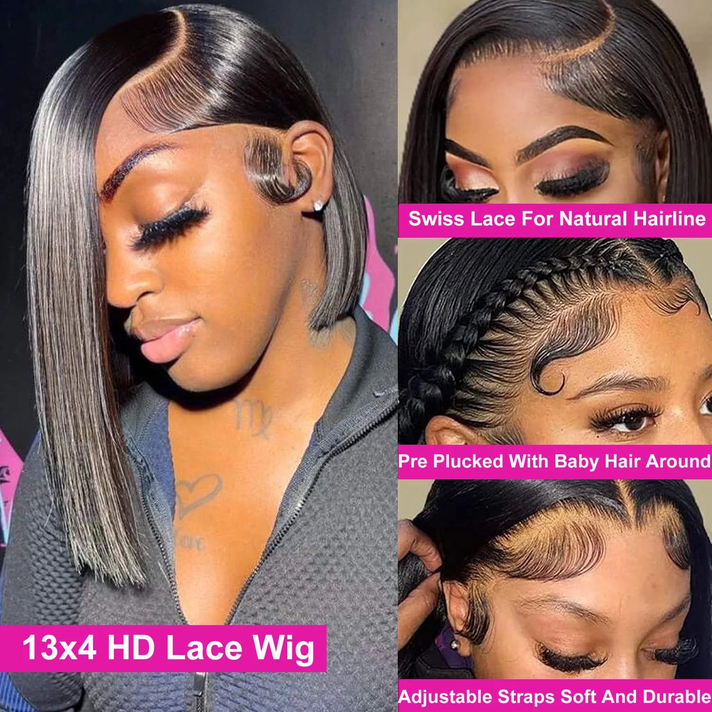 ✨ Short Straight Bob Human Hair Wig – 13x4 HD Lace Front / 4x4 Closure Wig, 230% Density, Natural Black Brazilian Virgin Hair