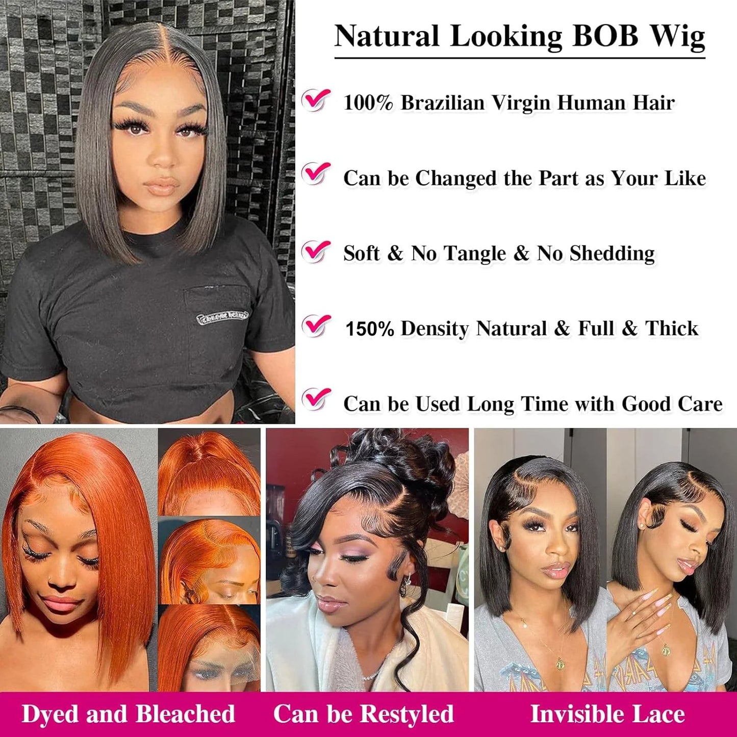 ✨ Short Straight Bob Human Hair Wig – 13x4 HD Lace Front / 4x4 Closure Wig, 230% Density, Natural Black Brazilian Virgin Hair