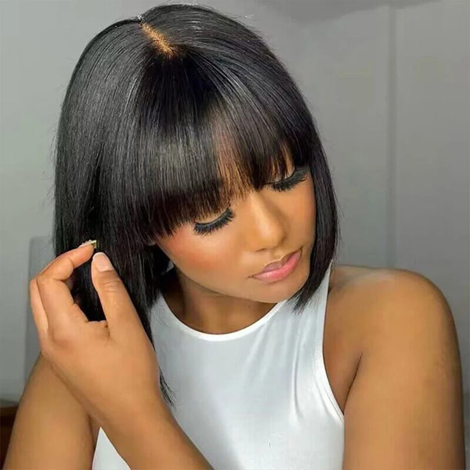 Brazilian Straight Human Hair Bob Wig with Bangs - Realistic Scalp Lace Frontal Fringe Wig