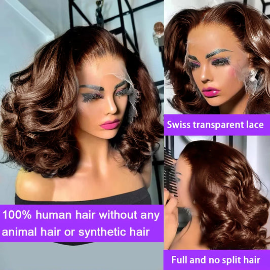 Chocolate Brown HD Lace Frontal Bob | 250% Density Loose Wave Human Hair Wig | 13x4 Pre-Plucked