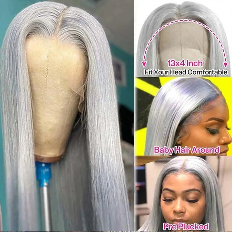Silver Grey Straight HD Lace Frontal Wig | Glueless 13x4 Transparent Lace | 100% Brazilian Human Hair