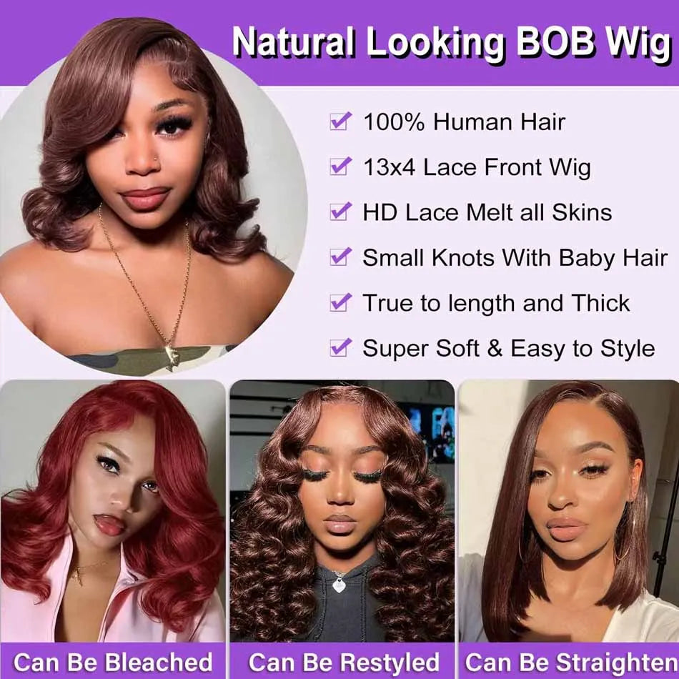 Chocolate Brown HD Lace Frontal Bob | 250% Density Loose Wave Human Hair Wig | 13x4 Pre-Plucked
