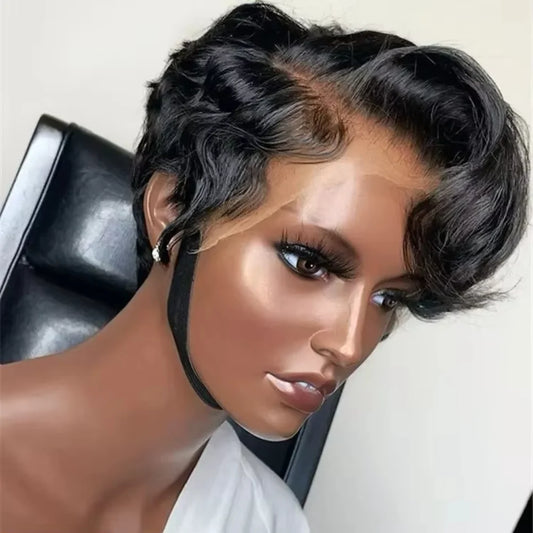 13x4 Transparent Lace Front Human Hair Wig – Pre-Plucked Straight Pixie Cut – Natural Black Glueless Wig