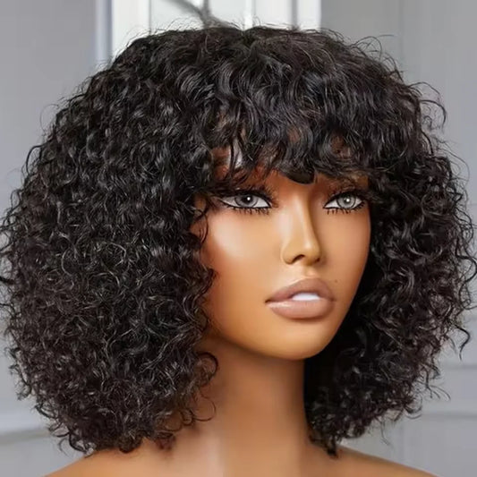 Short Honey Blonde Highlight Water Wave Bob Wig with Bangs – Pre-Cut Wear & Go Curly Human Hair Wig