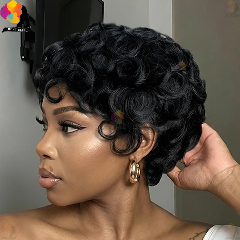 Short Deep Wave Pixie Cut Human Hair Wig Brazilian Remy Wig 200 Density Easy Daily Wear for Black Women