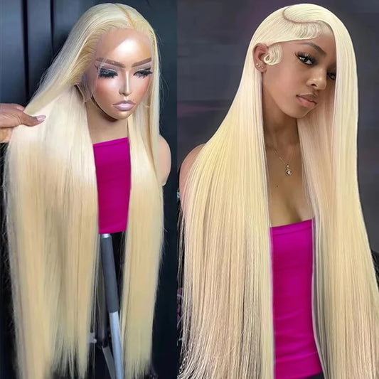 Ultra-Long 34" 613 Blonde Straight Human Hair Wig - HD Transparent 13x4/13x6 Full Frontal Lace - Pre-Plucked Bleached Knots