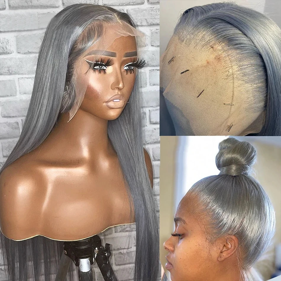 Silver Grey Straight HD Lace Frontal Wig | Glueless 13x4 Transparent Lace | 100% Brazilian Human Hair