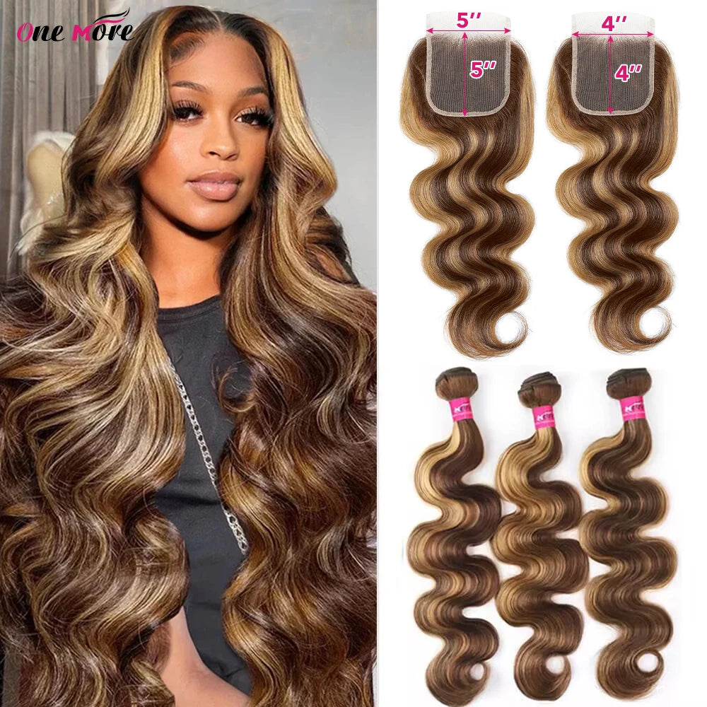 Honey Blonde Highlight Body Wave Bundles with 5x5 HD Lace Closure | P4/27 Ombre Brazilian Human Hair