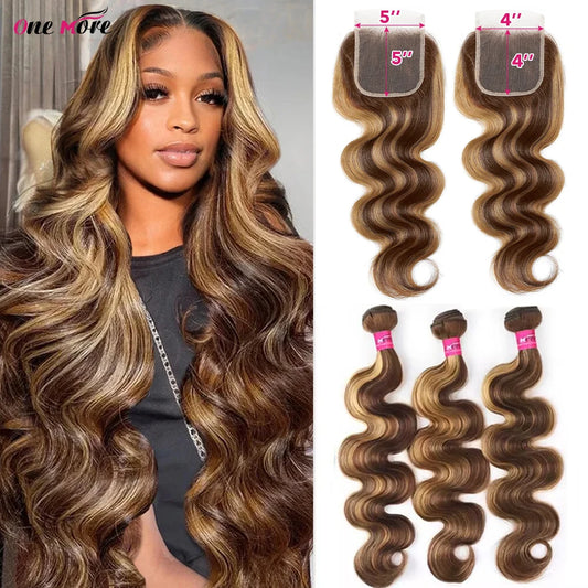 Honey Blonde Highlight Body Wave Bundles with 5x5 HD Lace Closure | P4/27 Ombre Brazilian Human Hair