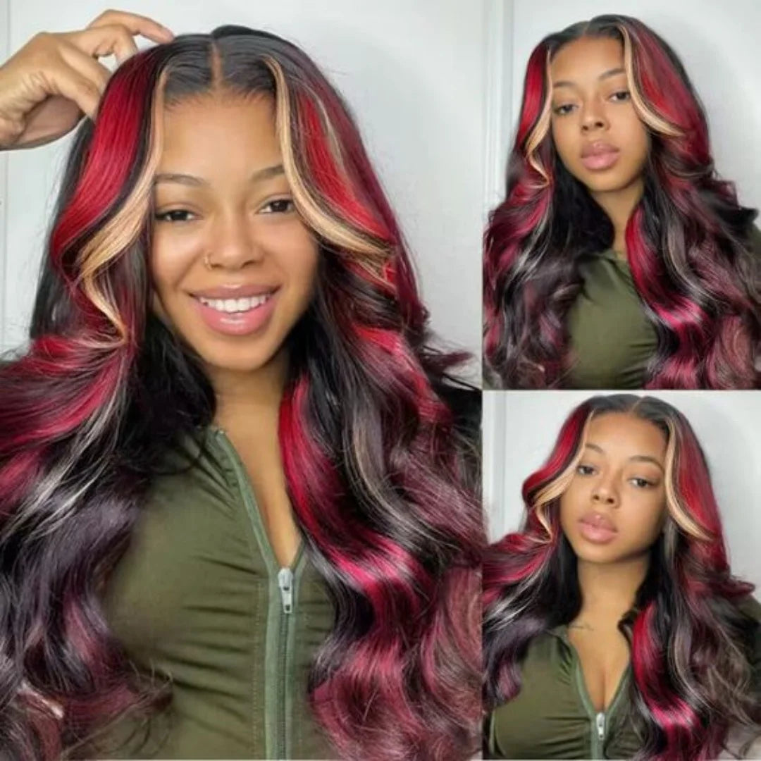 Red & Black Ombre Body Wave Synthetic Wig – 13x6 Lace Front with Blonde Highlights