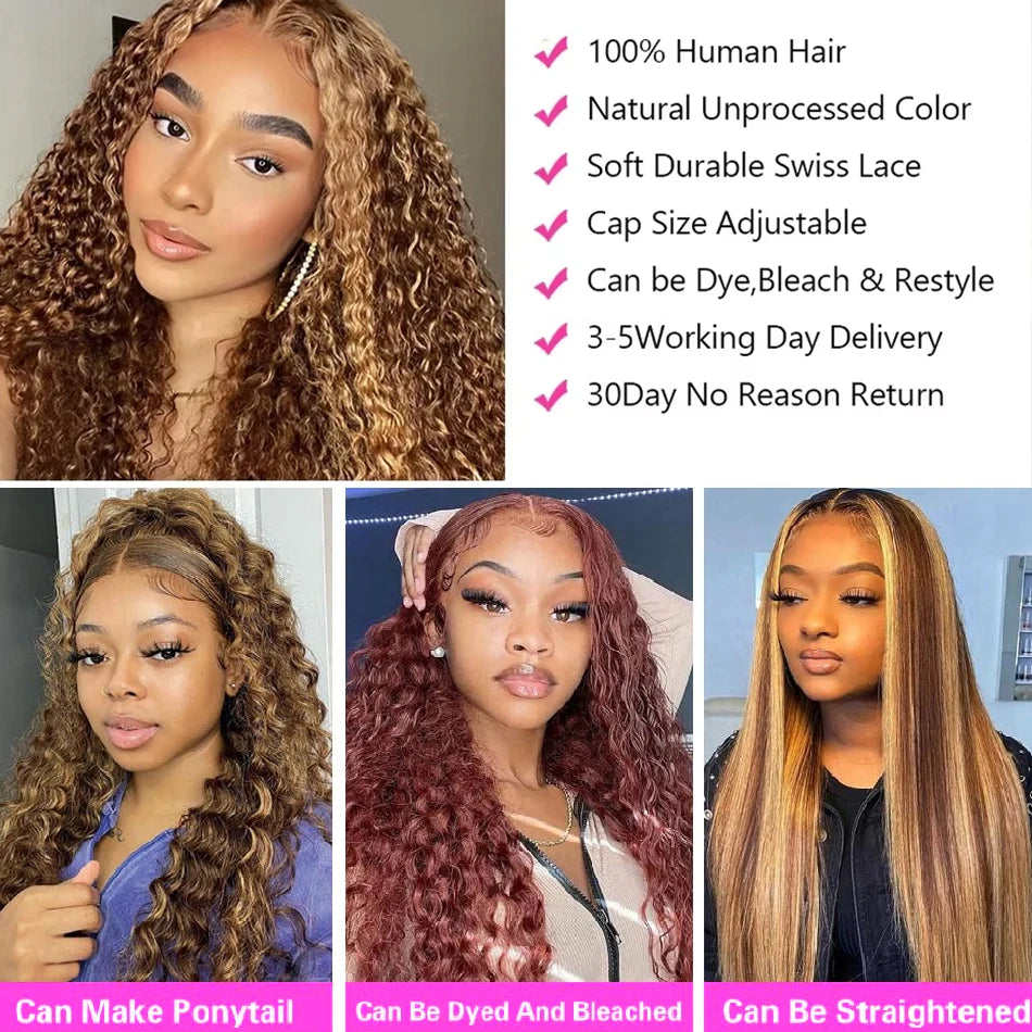 ✨ Highlight Ombre Deep Curly Human Hair Wig – 13x6 HD Lace Front Glueless Wig with Natural Hairline
