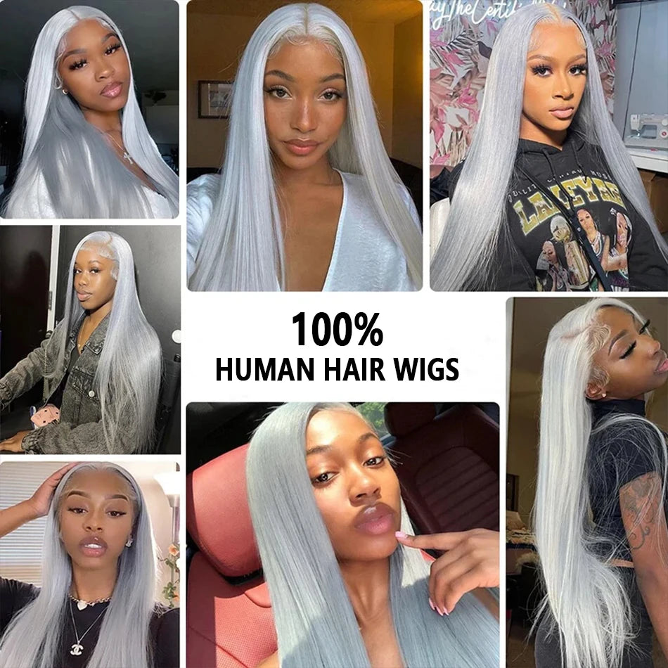 Silver Grey Straight HD Lace Frontal Wig | Glueless 13x4 Transparent Lace | 100% Brazilian Human Hair