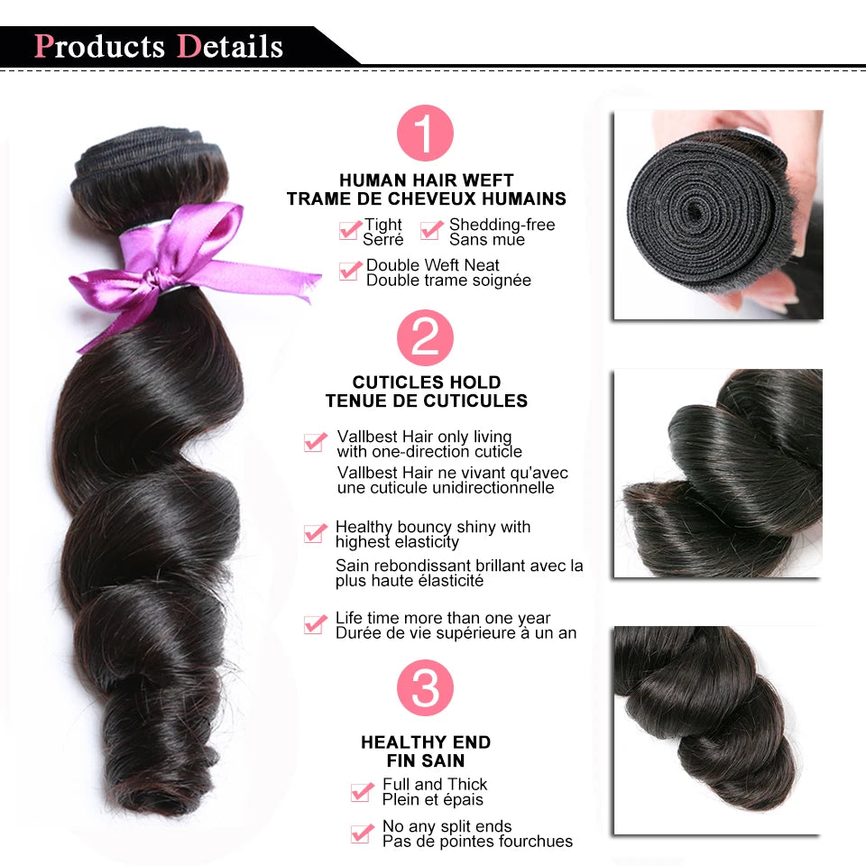 Vallbest Brazilian Loose Wave Bundles with Lace Closure – 3 Bundles Remy Human Hair Extensions