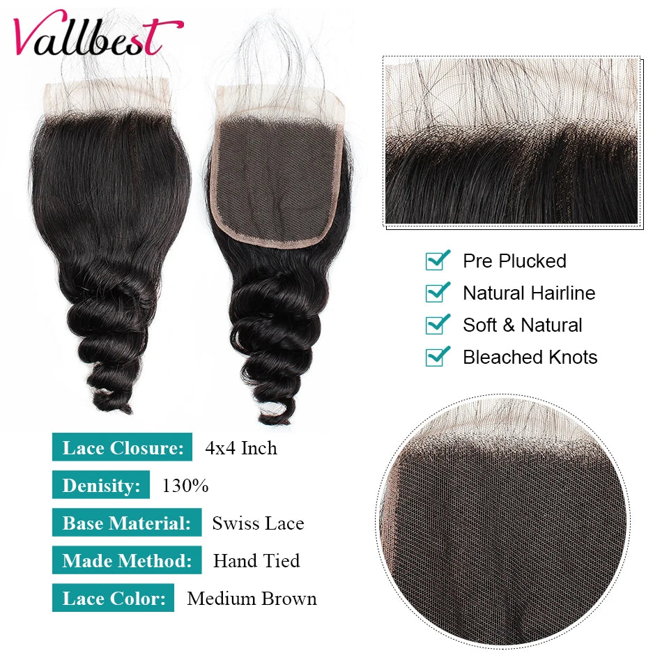 Vallbest Brazilian Loose Wave Bundles with Lace Closure – 3 Bundles Remy Human Hair Extensions