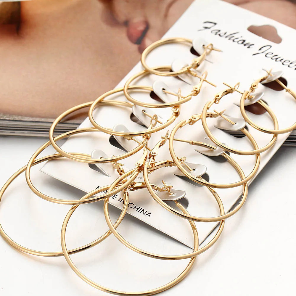 6-Pair Gold Hoop Earring Set – Trendy Oversized Statement Earrings for Women