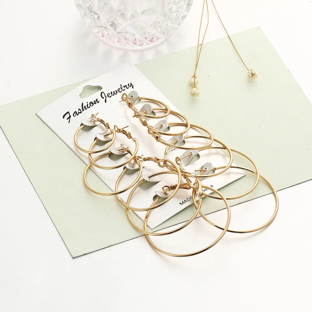 6-Pair Gold Hoop Earring Set – Trendy Oversized Statement Earrings for Women