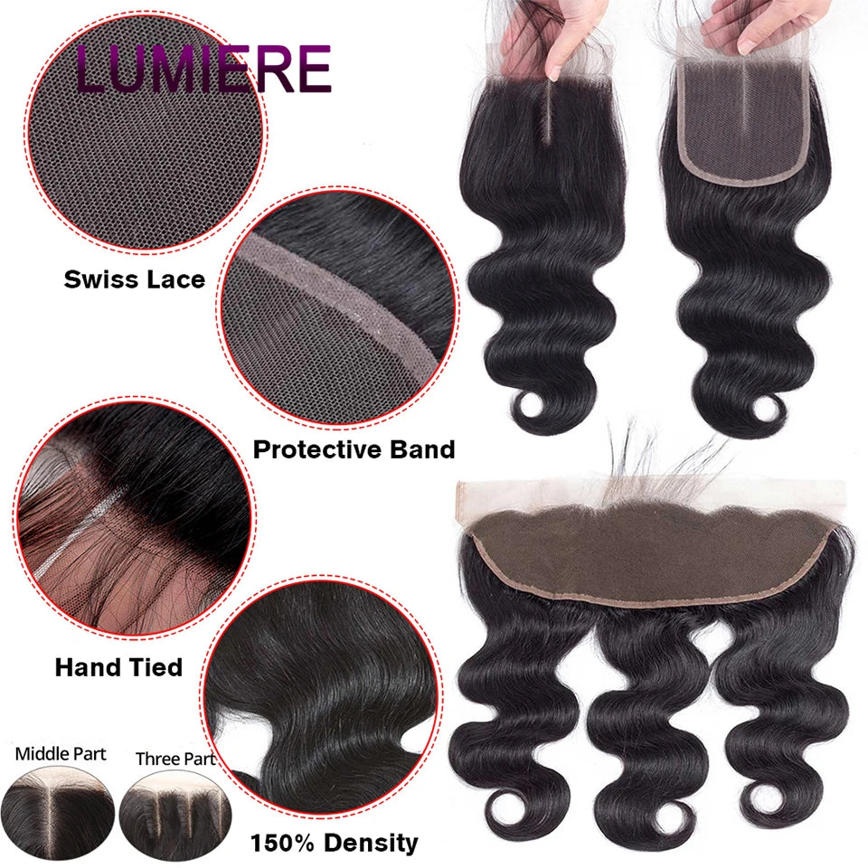 18A Virgin Raw Body Wave Hair Bundles with HD Lace Closure - 100% Brazilian Human Hair Weave - Frontal & Bundles Extension Set