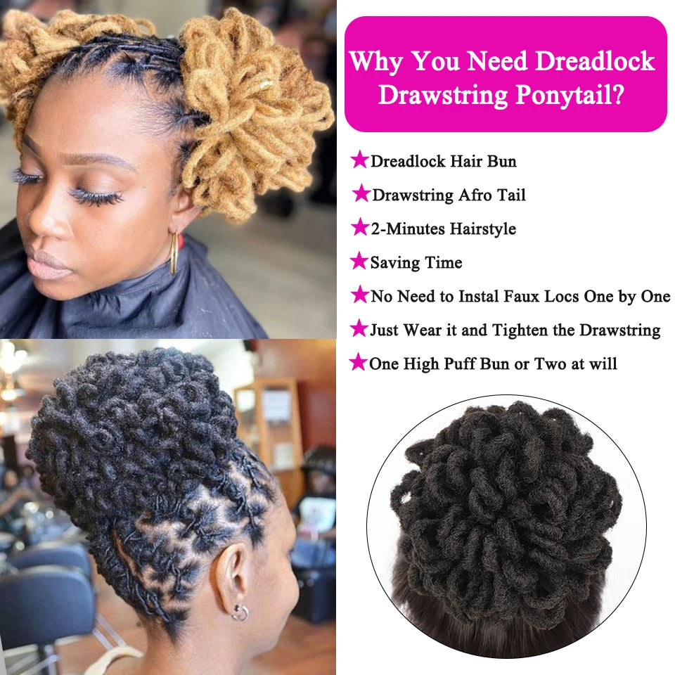 Synthetic Dreadlock Afro Puff Bun Drawstring Ponytail – Faux Locs Hair Piece