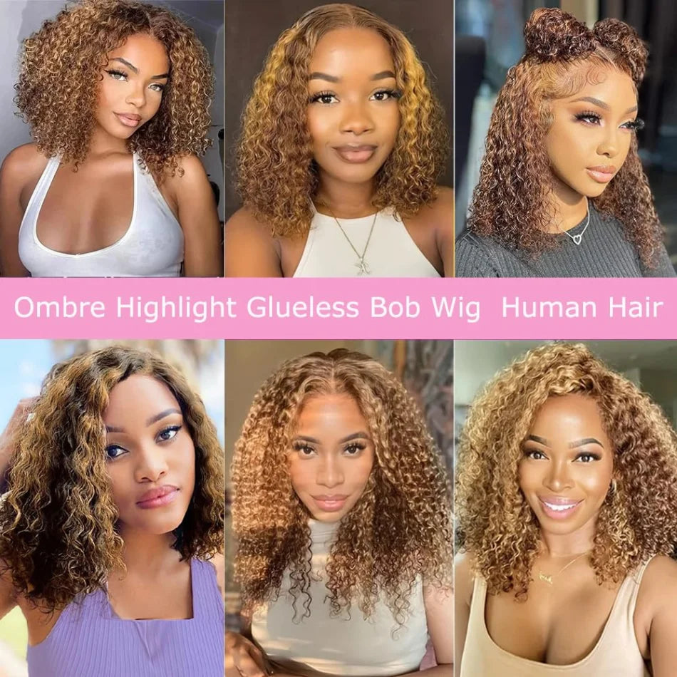 Glueless P427 Highlight Ombre Curly Bob: 5x5 HD Lace Closure Human Hair Wig