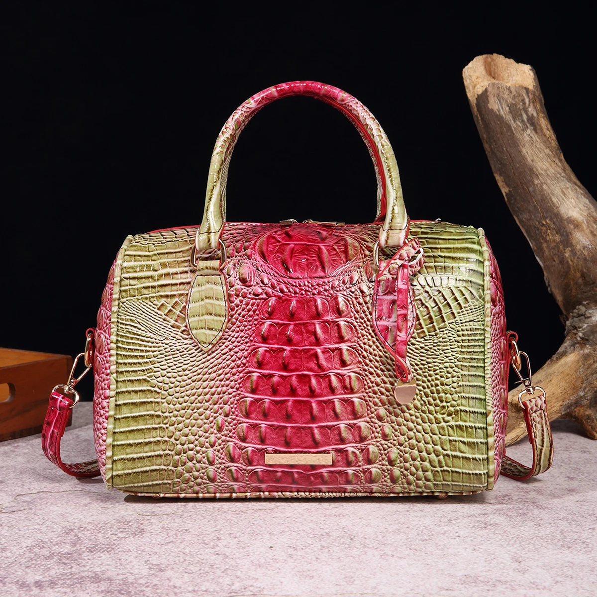 Ombre Crocodile Embossed Leather Boston Bag - Classic Satchel Handbag & Crossbody Purse for Women - Croc-Effect Top Handle Bag