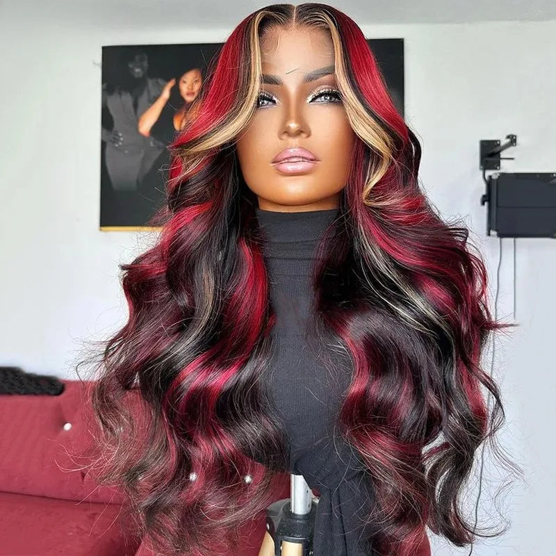 HD Transparent 13x4 Lace Frontal Wig – Ombre Blonde Body Wave (Blue Highlight)