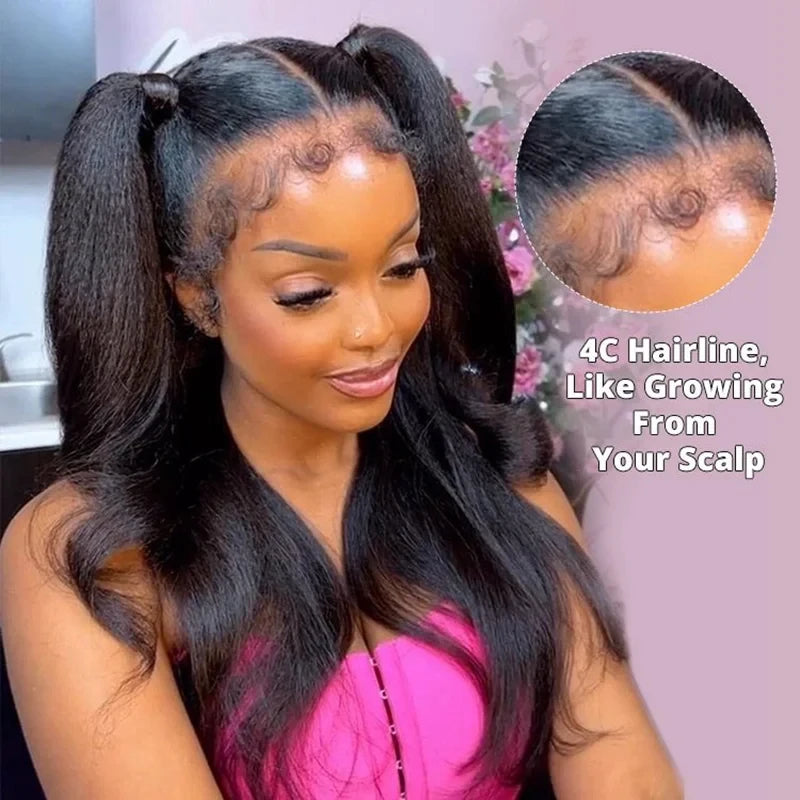 Glueless 4C Edges Yaki Kinky Straight Human Hair Wig | 13x5 HD Lace Frontal