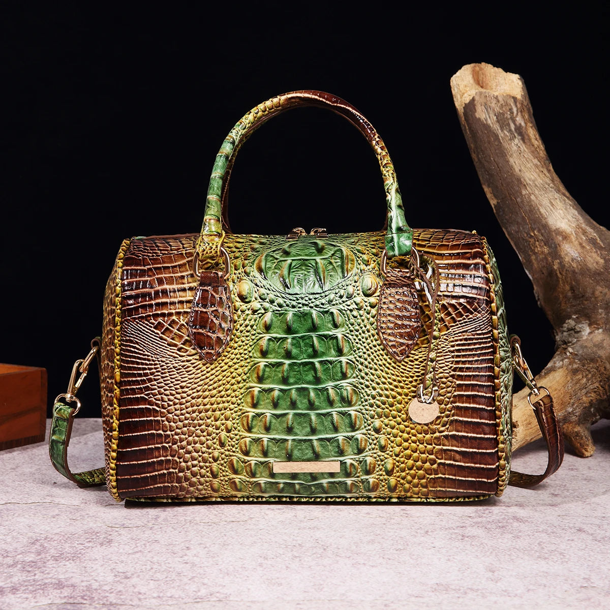 Ombre Crocodile Embossed Leather Boston Bag - Classic Satchel Handbag & Crossbody Purse for Women - Croc-Effect Top Handle Bag