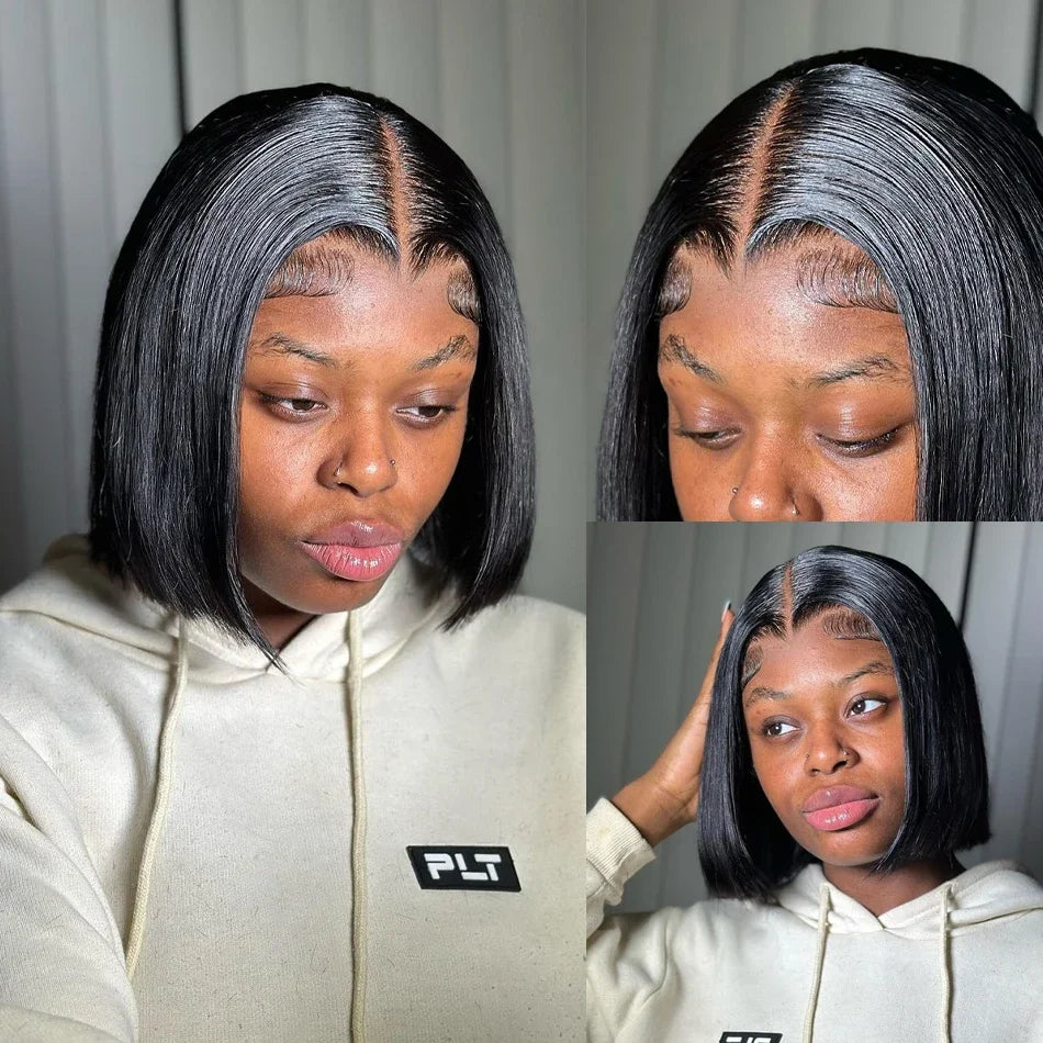 ✨ Short Straight Bob Human Hair Wig – 13x4 HD Lace Front / 4x4 Closure Wig, 230% Density, Natural Black Brazilian Virgin Hair
