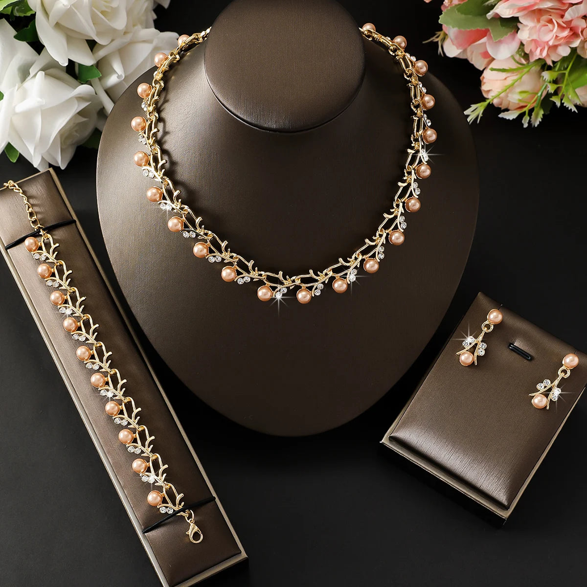 Elegance Pearl & Rhinestone Bridal Jewelry Set (4-Piece)