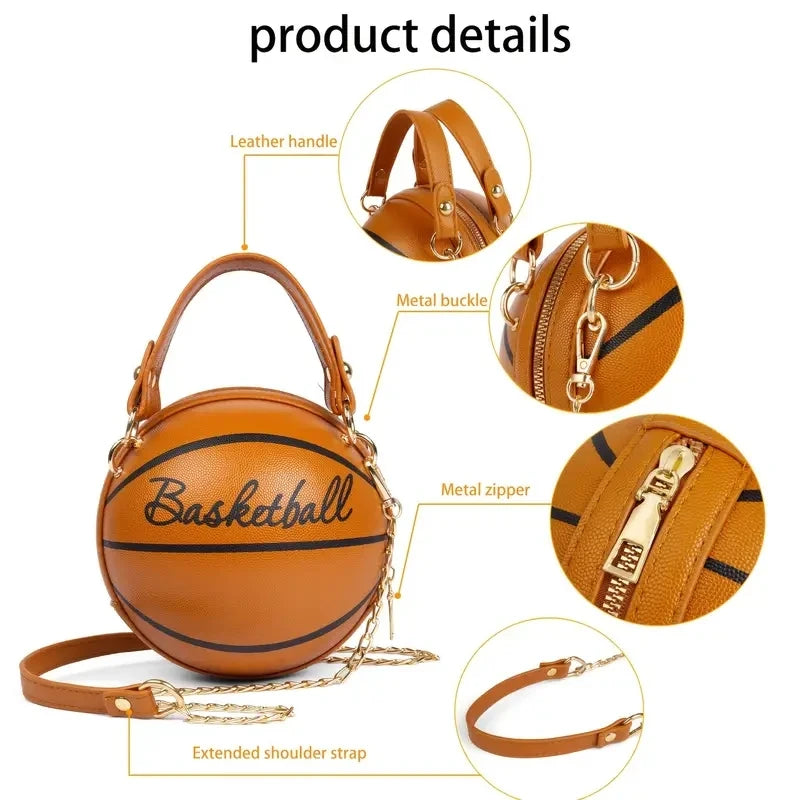 Women’s Fashion Basketball Shoulder Bag – Letter Print PU Leather Crossbody with Chain Strap
