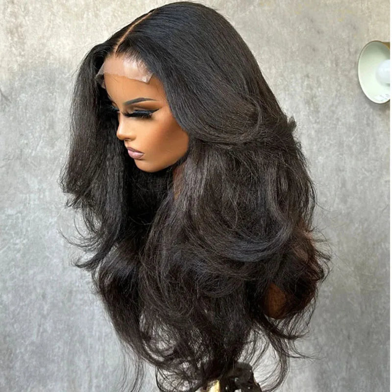 26" Yaki Kinky Straight Lace Front Wig – 180% Density Pre-Plucked Synthetic Hair