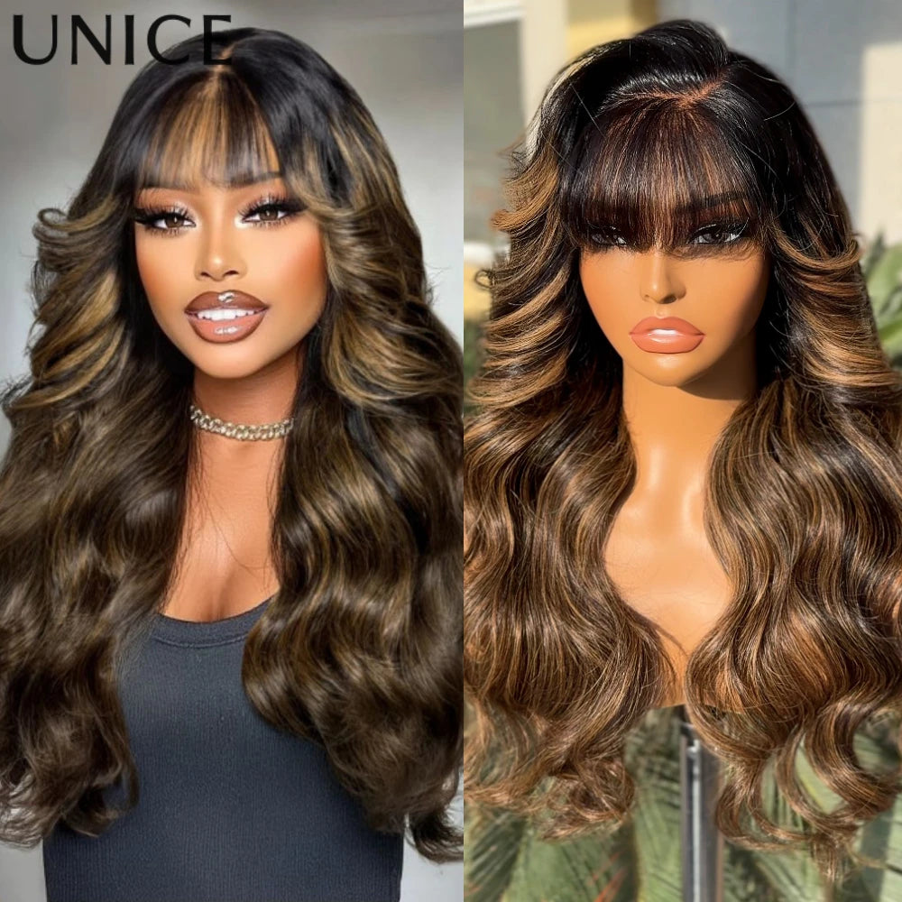 Balayage Highlight Loose Wave Human Hair Lace Frontal Wig with Curtain Bangs