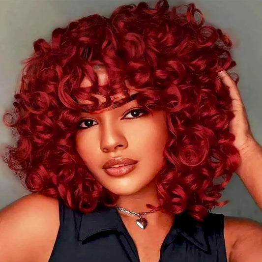 Beginner Friendly Glueless Red Curly Wig - Natural Look Short Afro Style with Bangs
