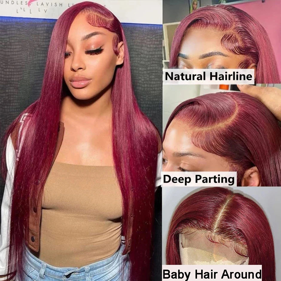99J Burgundy 13x6 HD Lace Frontal Wig – 250% Density Brazilian Straight Human Hair (30-40")
