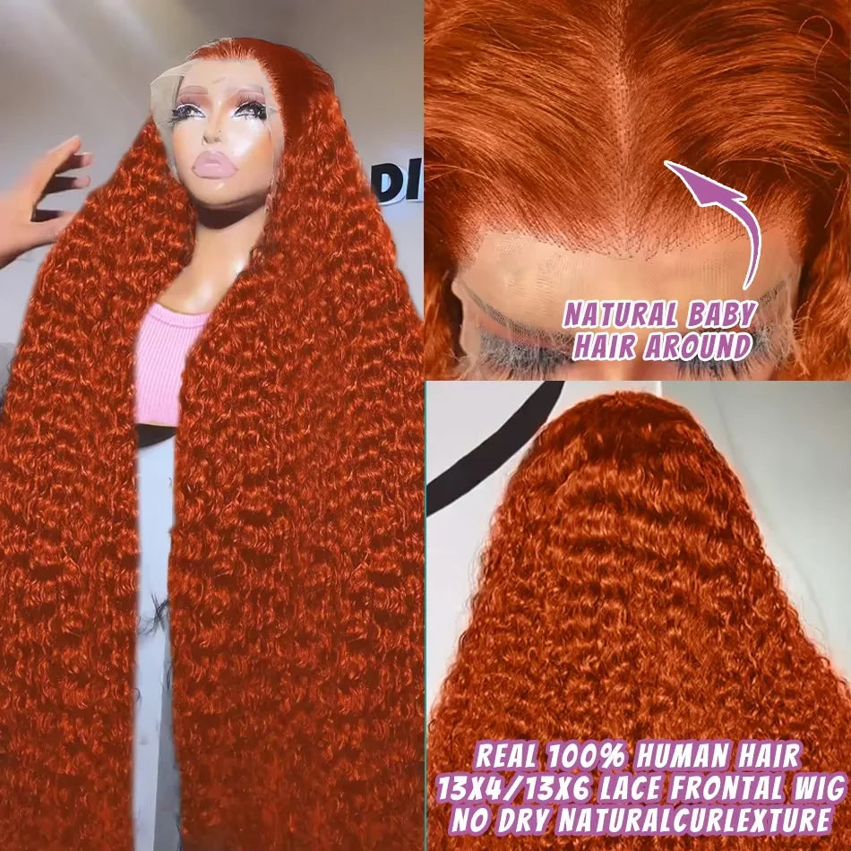 350 Copper Ginger Deep Wave Human Hair Wig: 30-34 Inch 13x6 HD Lace Frontal, 250% Density