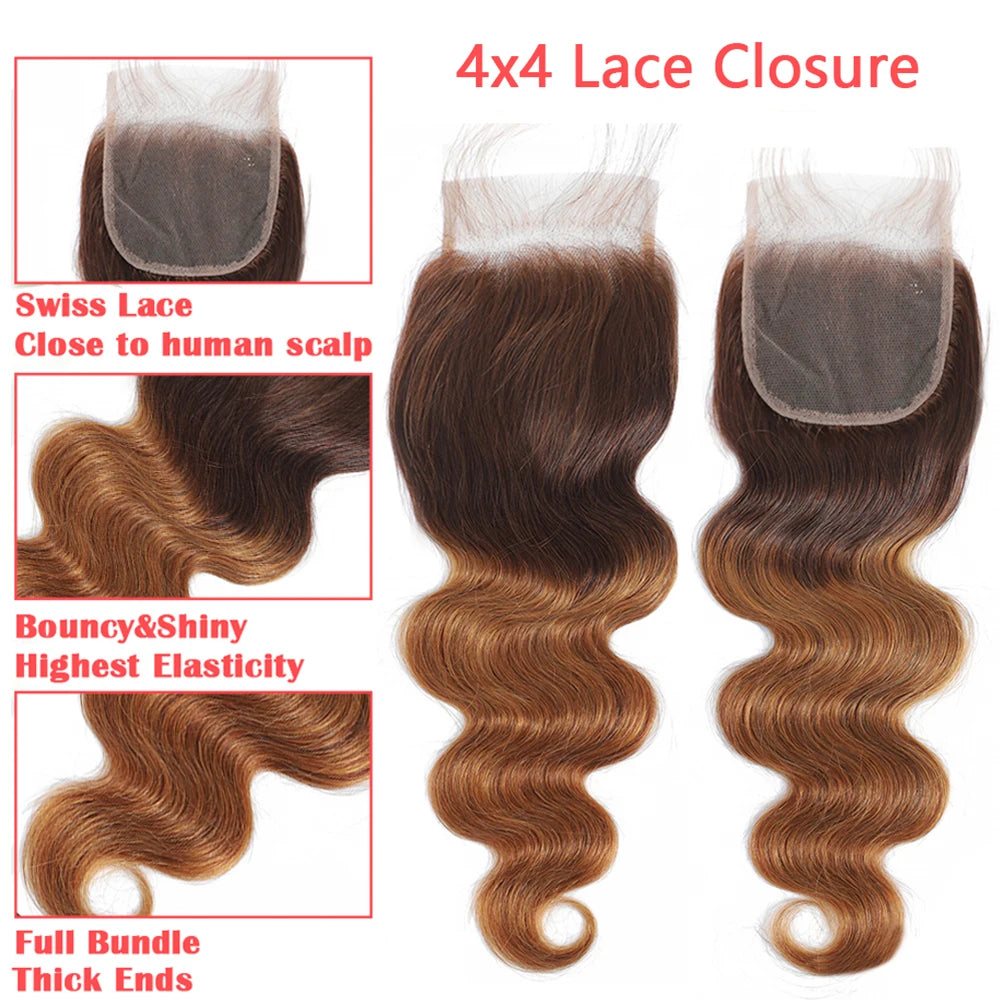 12A Ombre Body Wave Bundles Human Hair With Closure Unprocessed Virgin Hair Brazilian Ombre Colored 3/4 Bundles With Closure